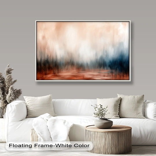 The foreground detail shows a modern white couch, a stylish round wooden side table, and a glimpse of the burnt dusk earth-toned abstract oil painting art prints.