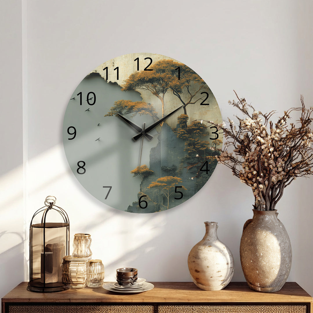Misty Forest Glass Wall Clock – Golden Mountain Landscape