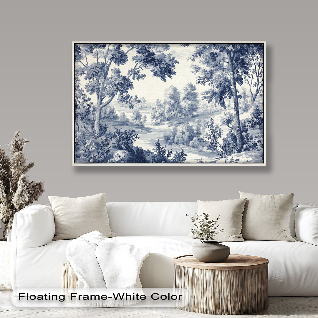 Monochrome countryside landscape with delicate blue trees and serene river.
