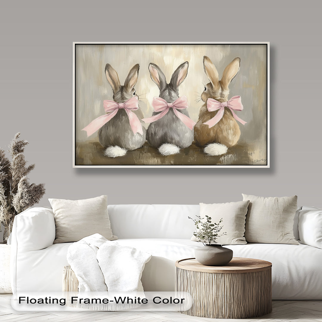 Trio of Bunnies with Pink Bows – Animal Oil Painting
