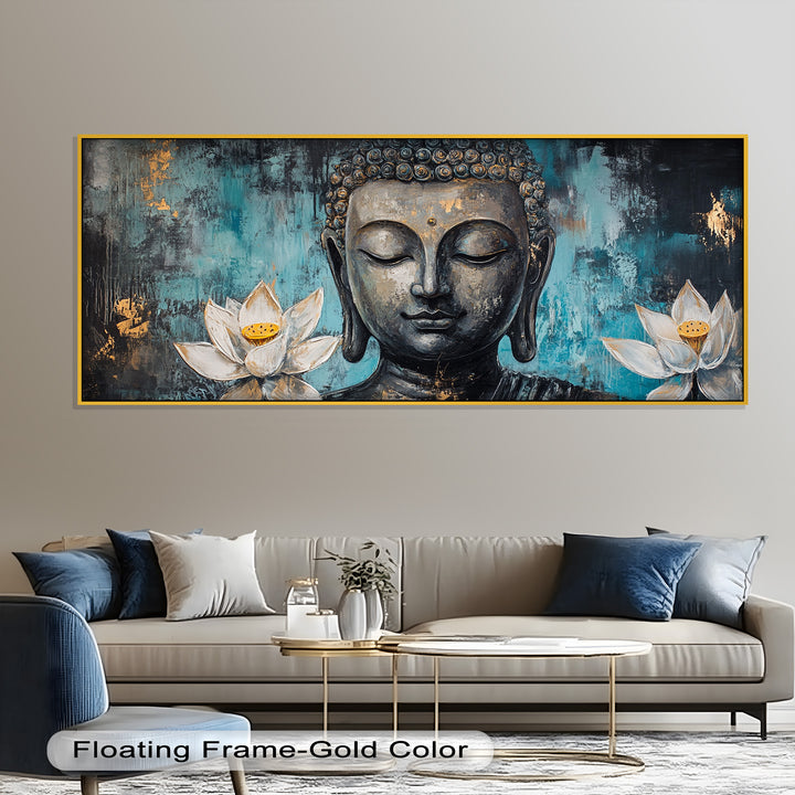 An artistic rendering of the Buddha in peaceful meditation, with white lotuses floating on either side amid soft, expressive brushstrokes.