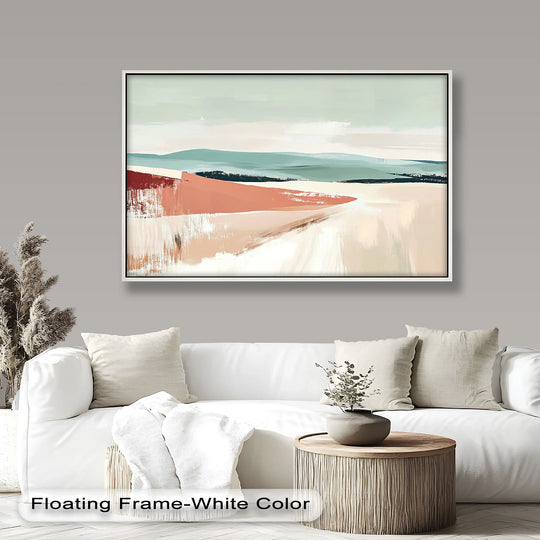 The stillness in this minimalist abstract oil painting reproduction print captures a calming terracotta horizon with sage fields.