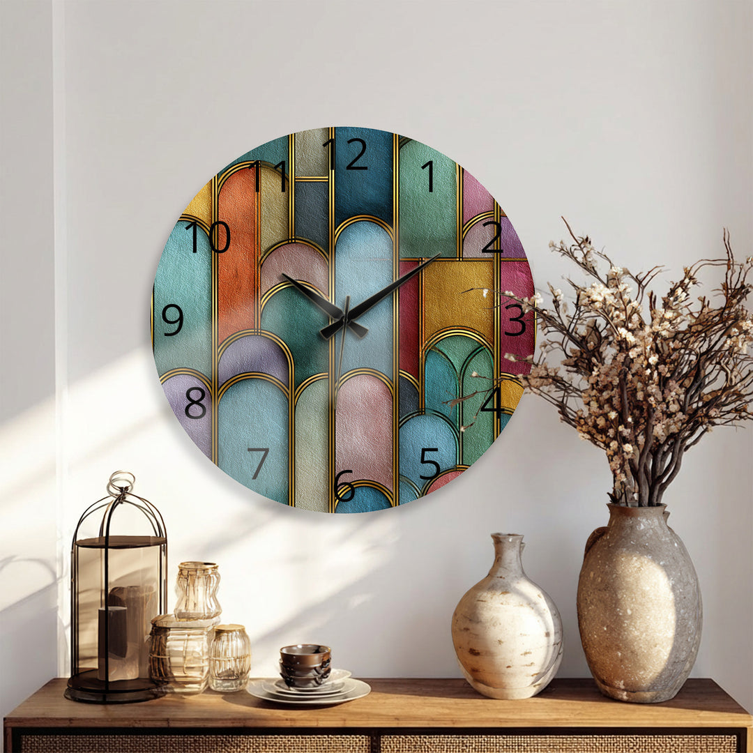 Art Deco Glass Wall Clock – Colorful Geometric Arch Decor