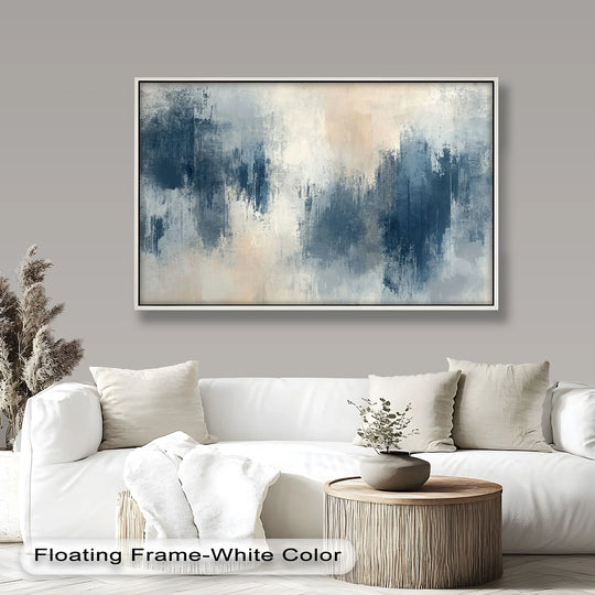 Realistically detailed, the abstract oil painting artwork showcases subtle echoes of beige and moody blue, creating an artistic focal point with textured brushstrokes.