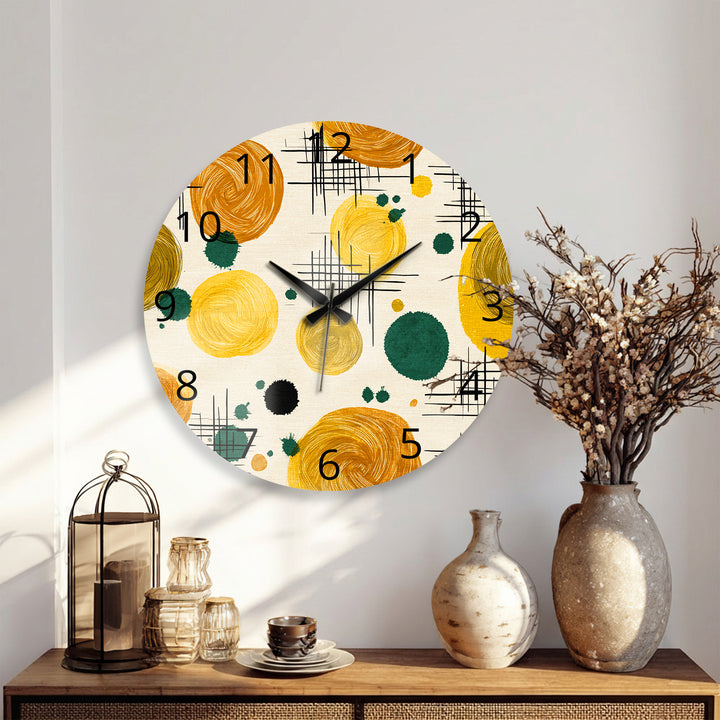 Mustard Yellow Glass Wall Clock – Retro Abstract Circle Art