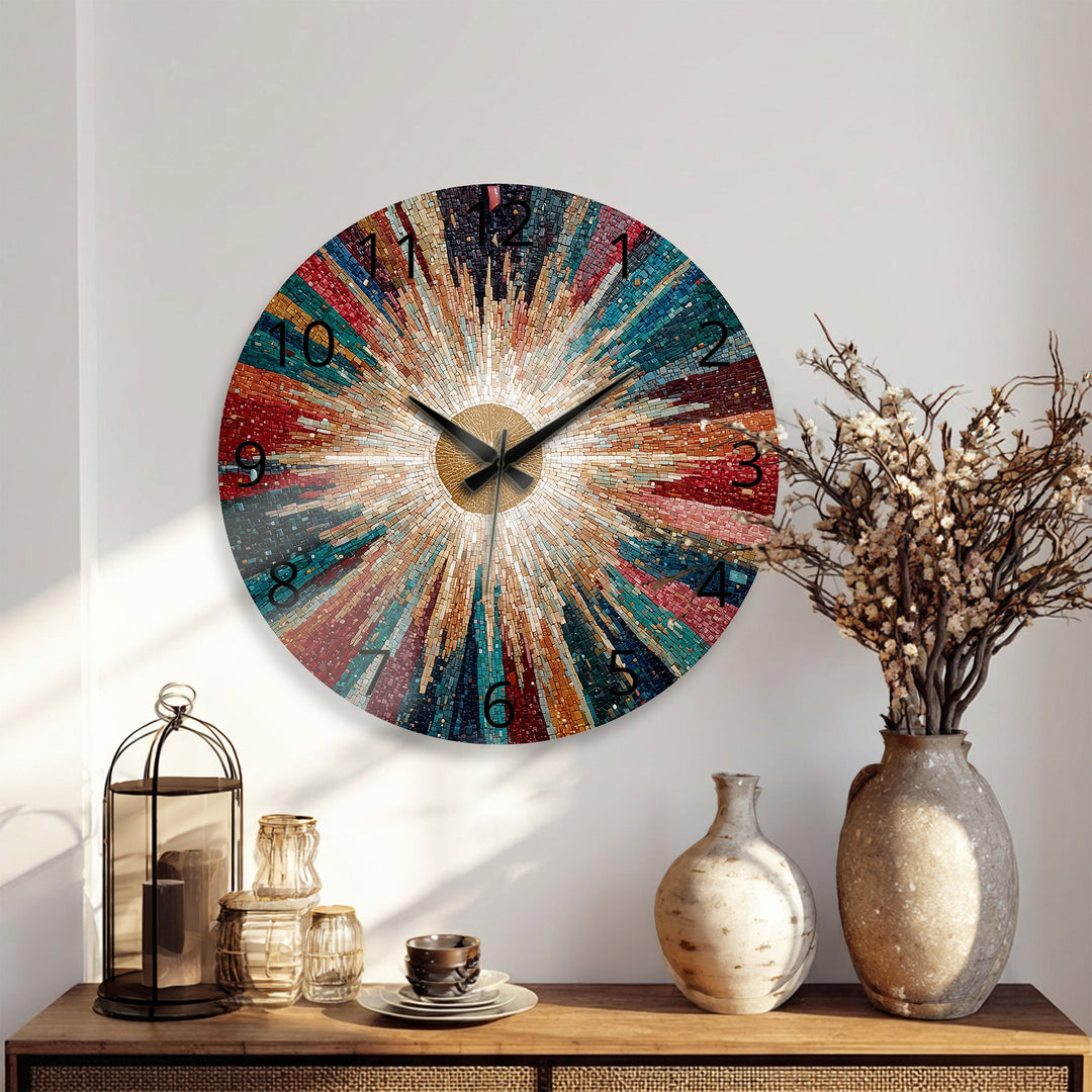 Colorful Sunburst Glass Wall Clock – Radiant Mosaic Art Decor