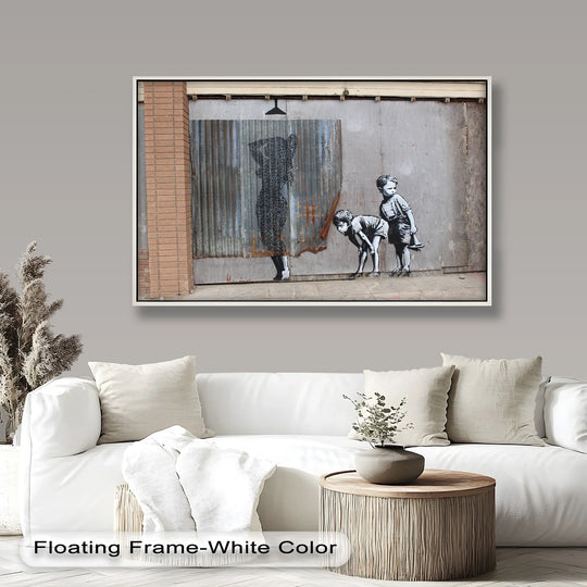 Distressed surface texture is prominent in this modern oil painting art depicting the Banksy 'Boys Looking Girl,' where rough edges and weathered patinas add depth.