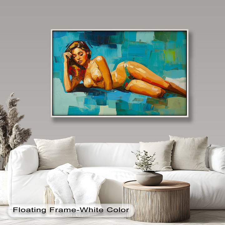Tropical Repose – Reclining Woman with Ocean Tones Oil Painting