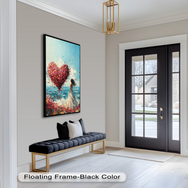 Woman with Heart-Shaped Petals Over the Sea - Love Oil Painting