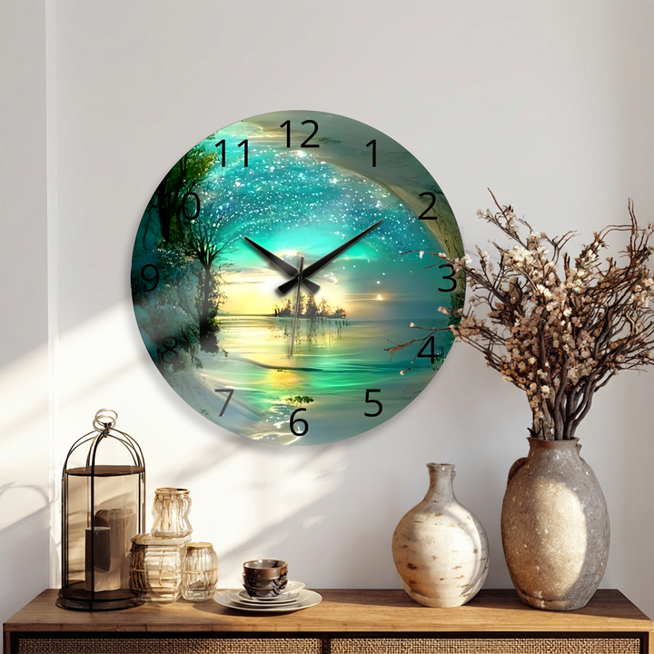 Enchanted Lake Glass Wall Clock – Turquoise Fantasy Landscape