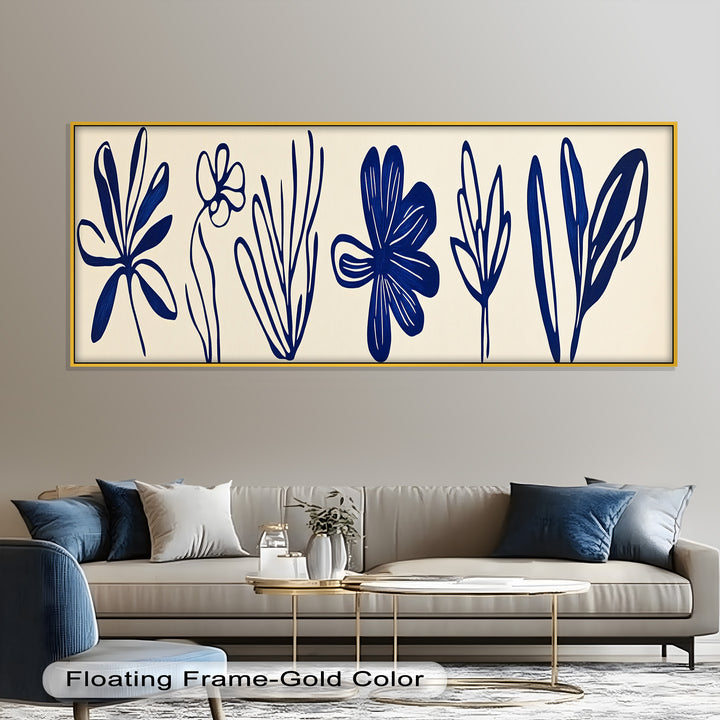 Indigo Bloom Line Art – Minimalistisches florales Ölgemälde