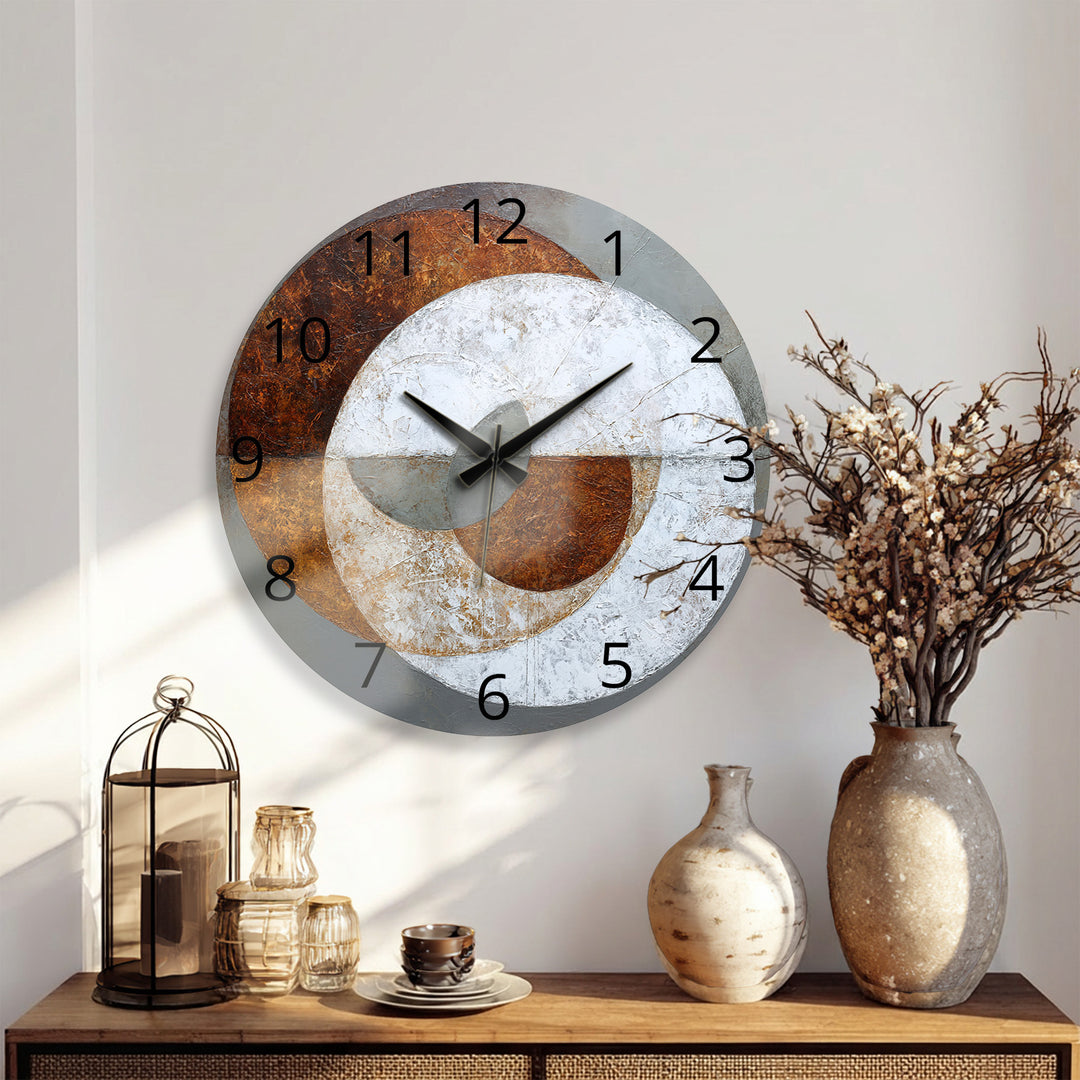 Rust and Gray Glass Wall Clock – Industrial Abstract Circle Art