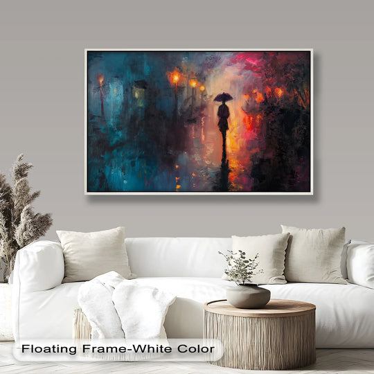 A lone figure's evening stroll is captured in the romantic oil painting art prints, showcasing the vibrant transition between fiery orange and deep teal hues.