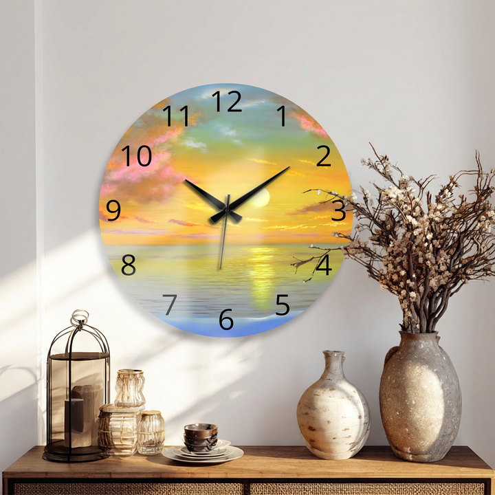 Ocean Sunset Glass Wall Clock – Golden Coastal Decor