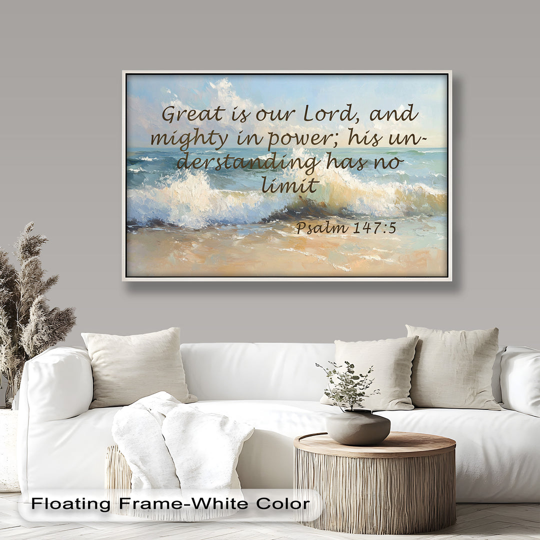 Vibrant ocean wave painting with Psalm 147:5 emphasizing God's power.
