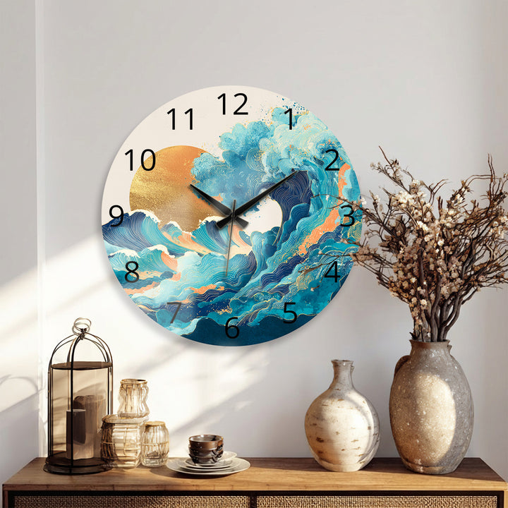 Japanese Wave Glass Wall Clock – Blue Ocean Sunset Art Decor