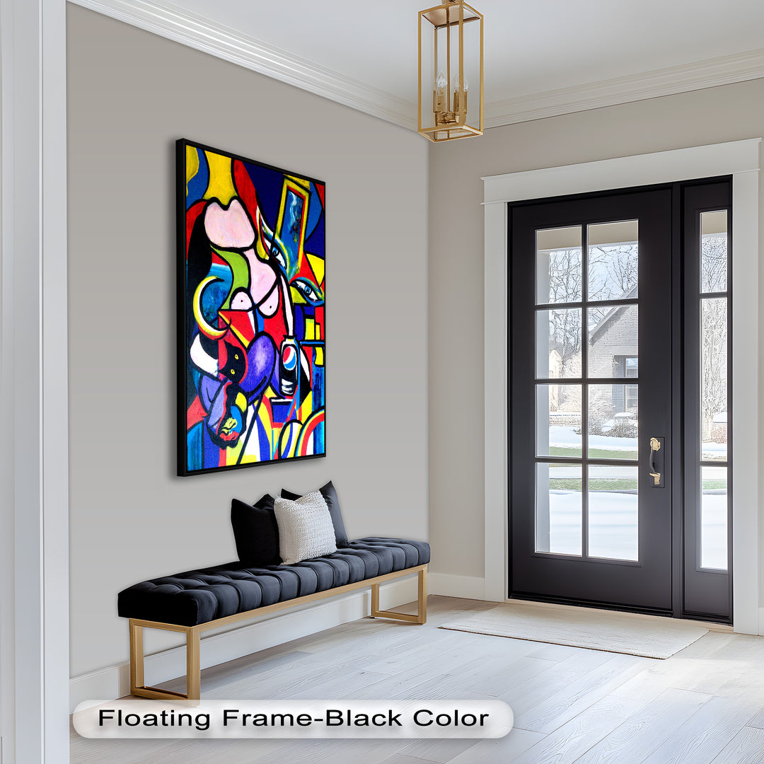A stylized abstract artwork with overlapping figures, vivid lines, and a Pepsi motif, evoking both humor and social commentary.