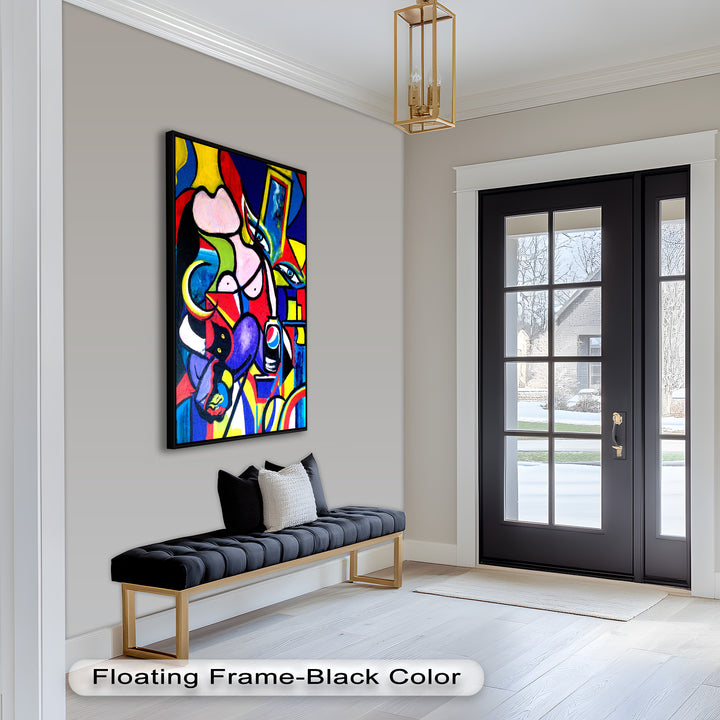 A stylized abstract artwork with overlapping figures, vivid lines, and a Pepsi motif, evoking both humor and social commentary.