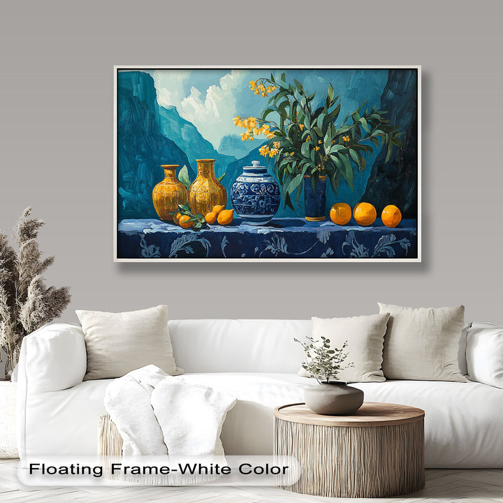 Blue & Yellow Vase Citrus Still Life – Framed Oil Painting