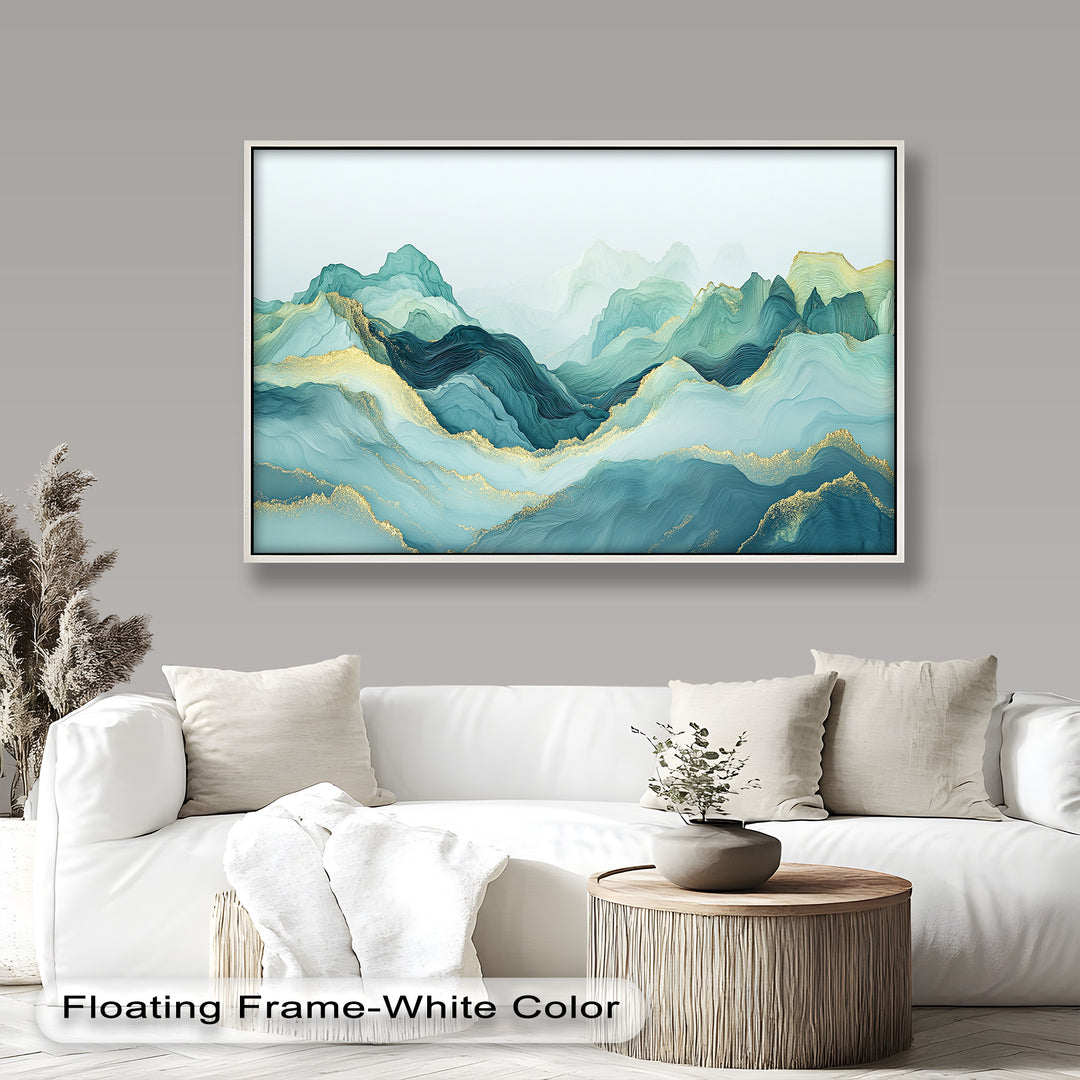 Abstract teal mountains with golden accents and flowing contours.
