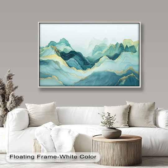 Framed by a crisp white edge, this abstract mountain landscape oil painting artwork features a captivating border around its flowing green, blue, and gold tones.