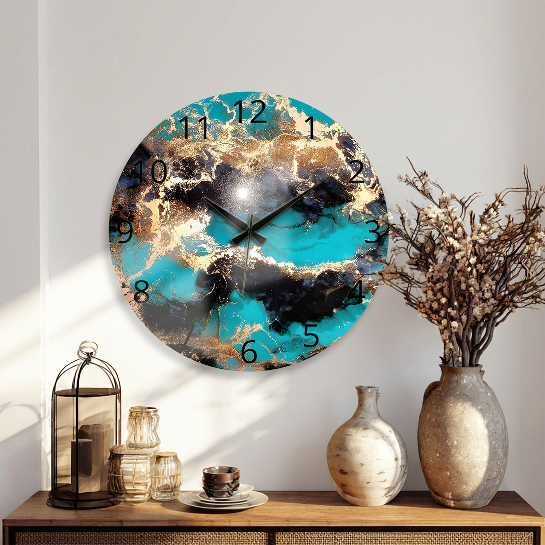 Turquoise and Gold Glass Wall Clock – Abstract Marble Decor