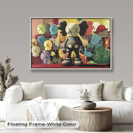 The KAWS oil painting decoration showcases a vibrant melting crowd texture with thick, dripping paint strokes.