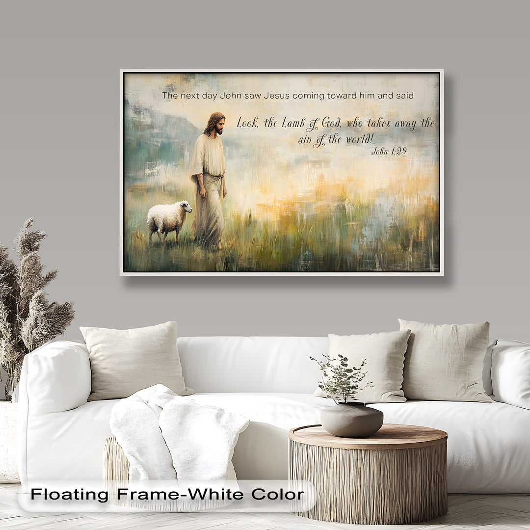 Inspirational painting of Jesus walking with a lamb in a serene landscape.

