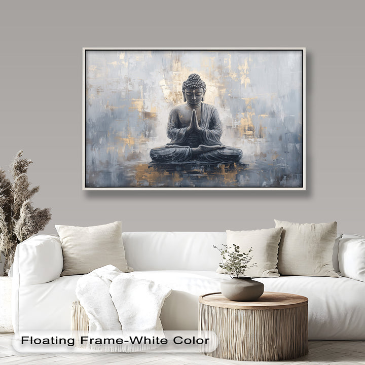 A graceful and contemplative image of the Buddha, set in a modern abstract backdrop evoking stillness and spiritual focus.