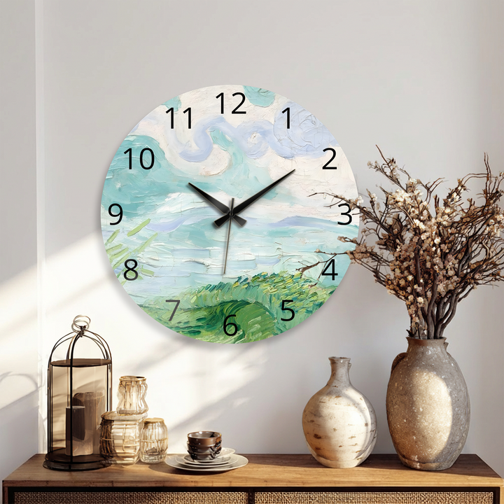 Pastellfarbene Küstenwanduhr aus Glas – abstrakte Meereslandschaftskunst