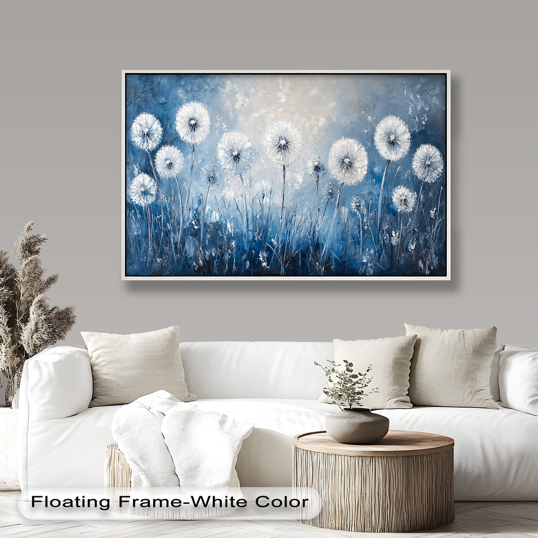 A peaceful and airy composition of dandelions swaying in a cool-toned field, evoking a sense of lightness and tranquility.
