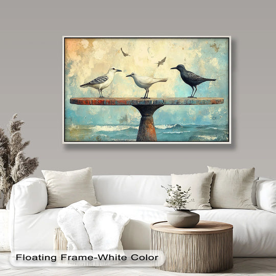 Painted with texture and muted hues, the dreamlike background evokes crashing waves and distant skies in this surreal oil painting artwork of birds on a pedestal.