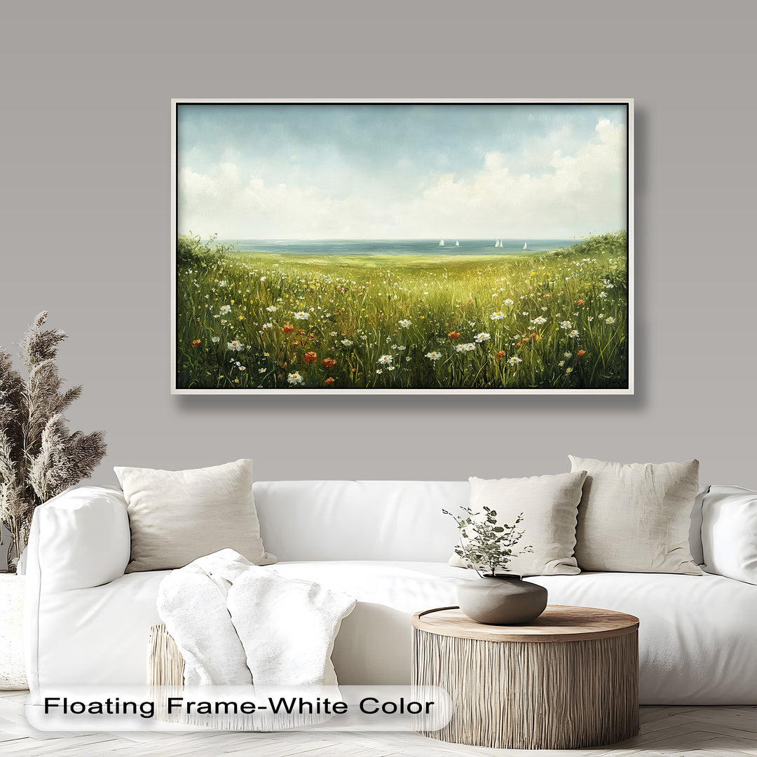 Wildflower Meadow Sea View Wall Art–Coastal Oil Painting