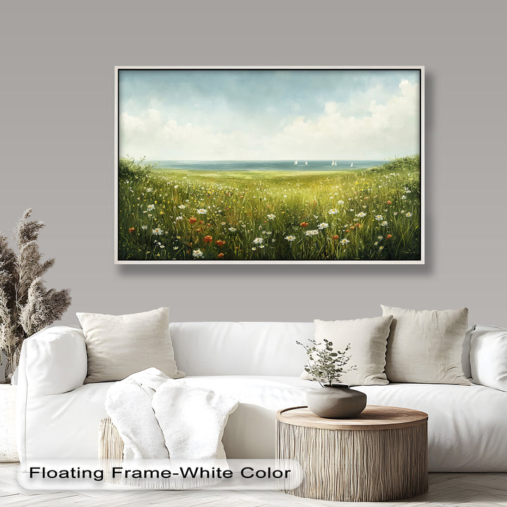 Wildflower Meadow Sea View Wall Art–Coastal Oil Painting