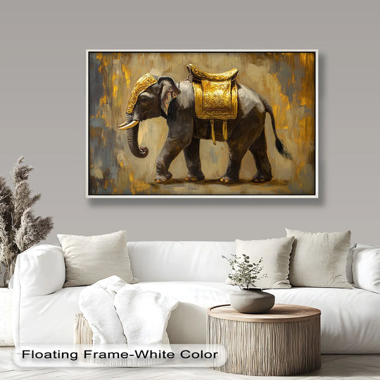 Within the depths of this majestic animal oil painting artwork, the darkest area accentuates the textures of the elephant's legs and the golden saddle.