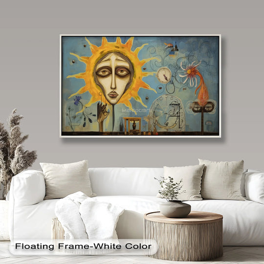 Foreground showcases a stylish round side table with a potted plant, complementing the modern oil painting art of the Solar Reverie Picasso-style dreamscape.