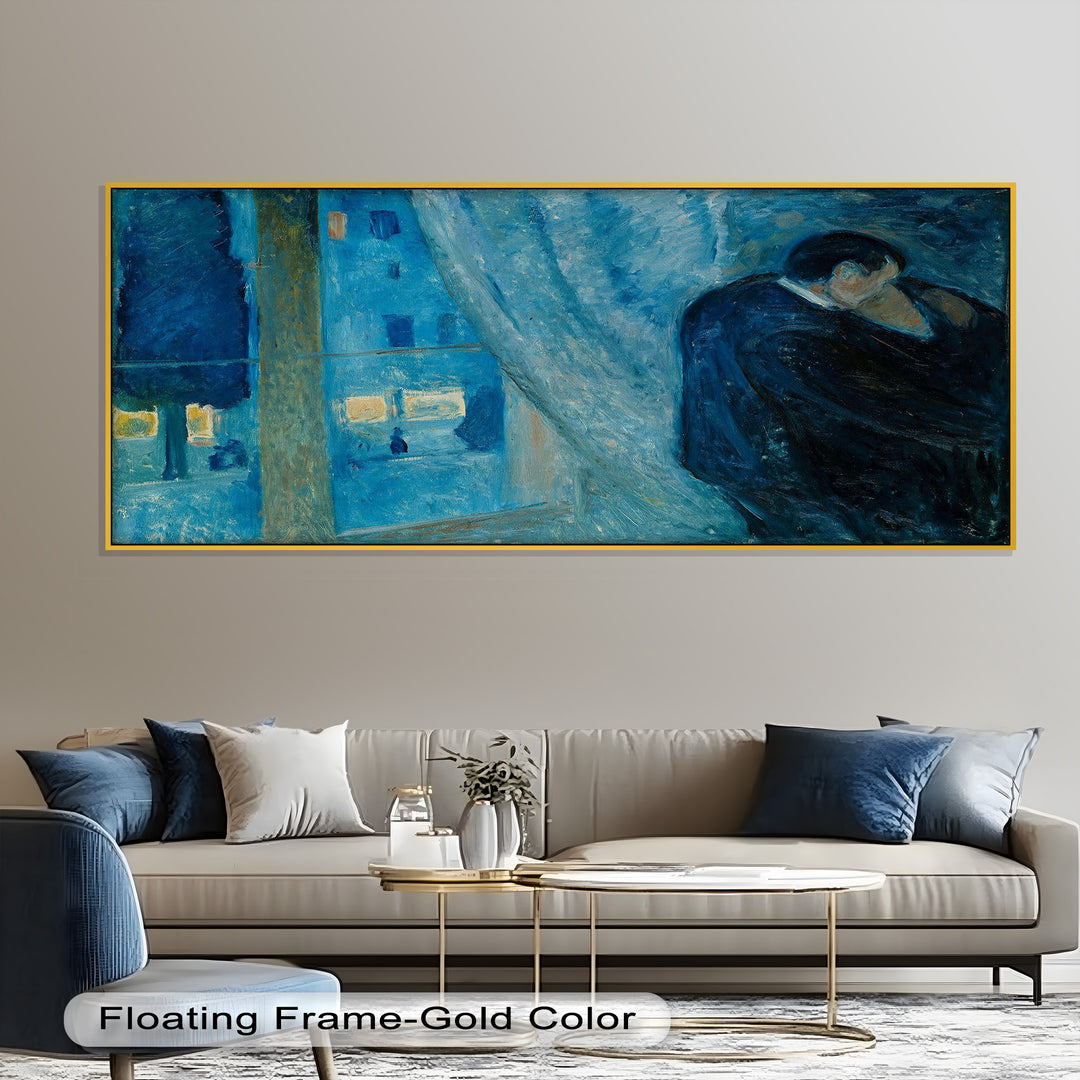 A moody impressionist painting of a couple embracing near a window, bathed in deep shades of blue and soft light.