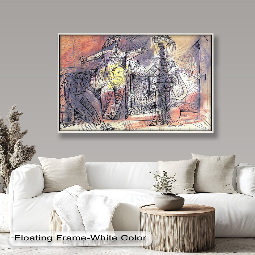 A surreal geometric scene featuring distorted human-like figures in motion, drawn with intersecting lines and soft pastel shading.
