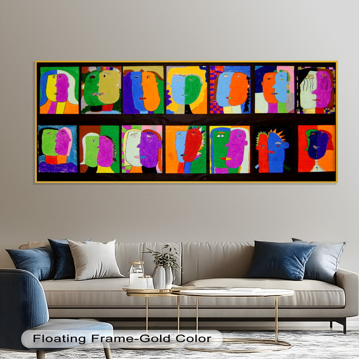 A row of stylized, expressive faces painted in vivid tones of green, blue, orange, and pink, celebrating individuality and creativity.