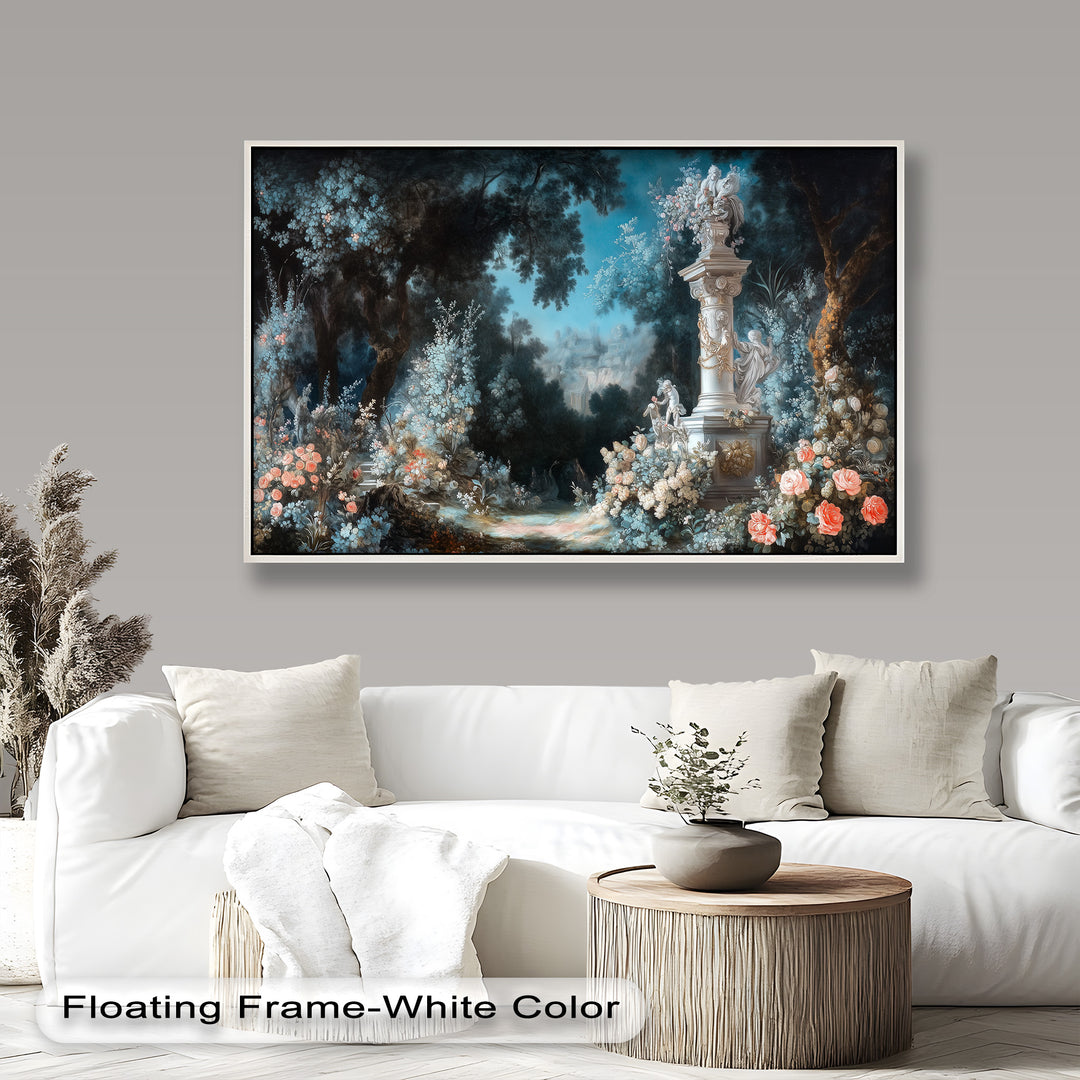 Moonlit Garden with Classical Column – Romantic Rococo Oil Painting