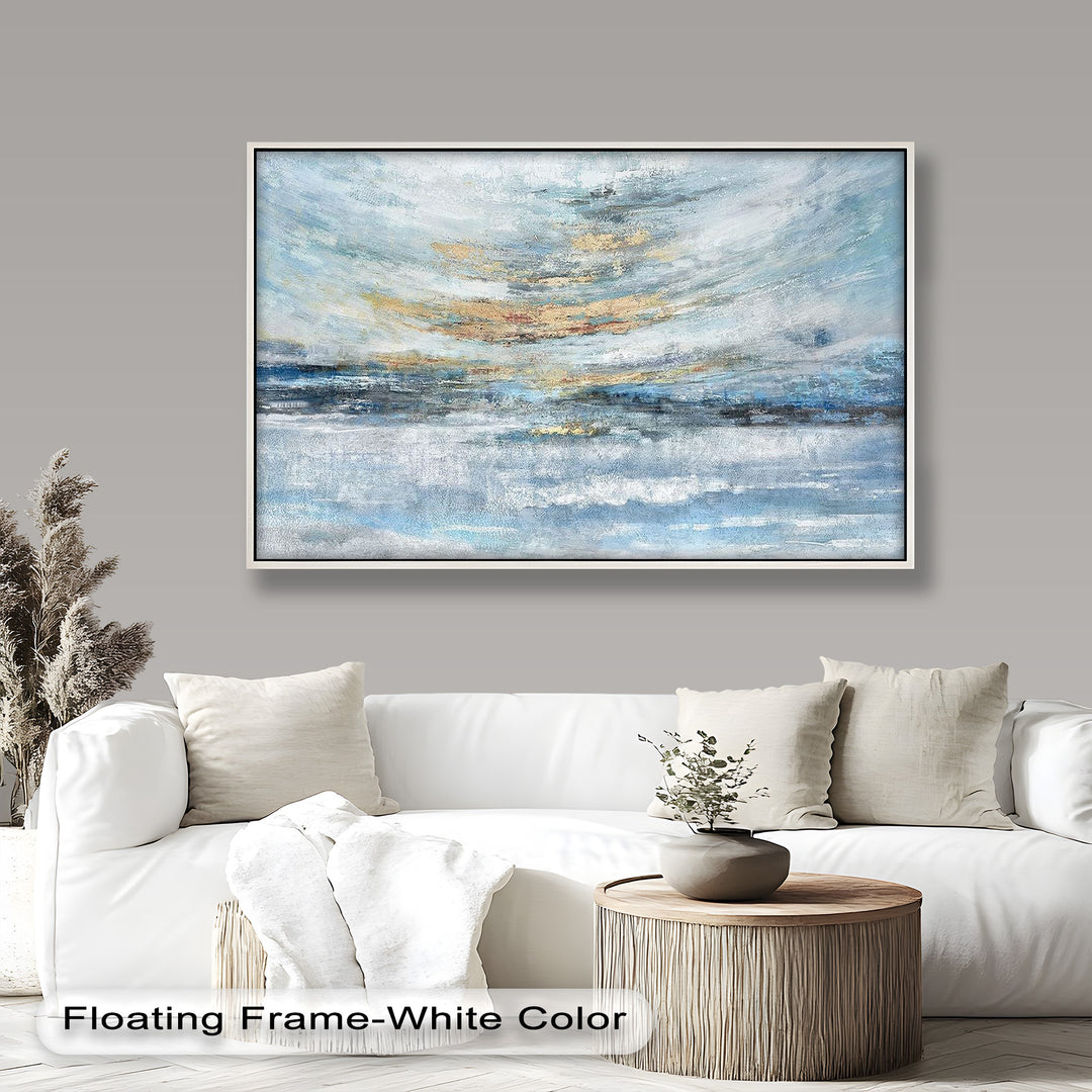 A serene abstract painting featuring soft blues, whites, and golden accents, evoking a tranquil seascape or misty horizon.