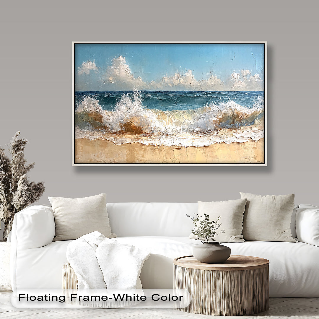 This vibrant seascape painting captures the energy of ocean waves crashing onto a sunlit shore under a clear blue sky.
