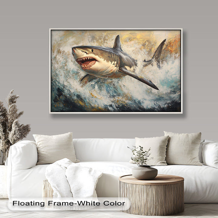 Ferocious Great White Shark Leaping Through Waves - Animal Oil Painting
