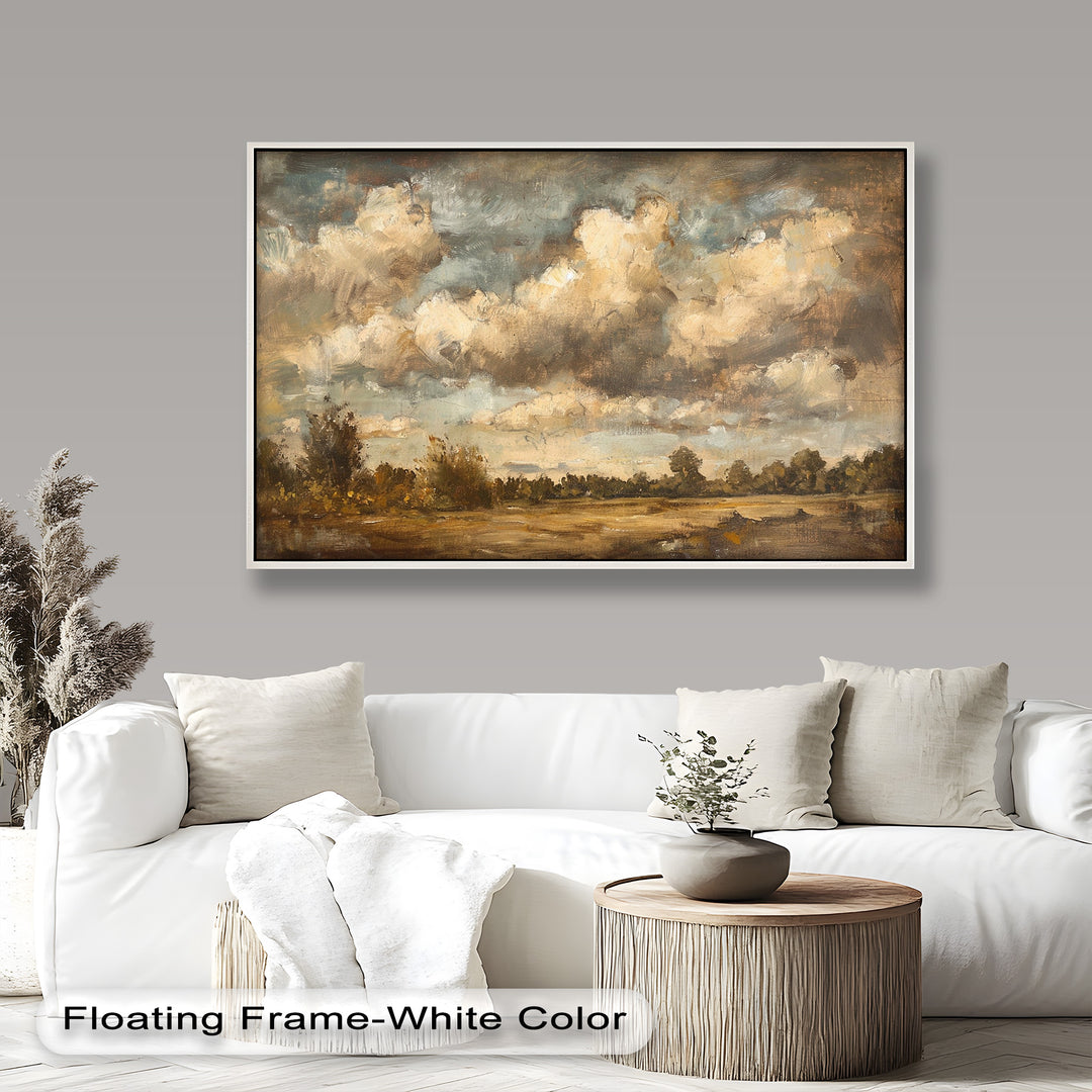 Towering clouds drift across a vast countryside, their golden hues blending with the earthy tones of the landscape in this atmospheric oil painting.