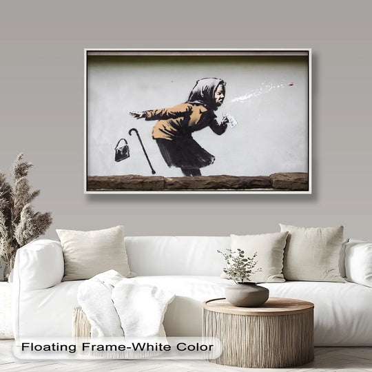 Revealing the realistic detail in this Banksy oil painting art prints, the artwork captures the comical force of an elderly woman's sneeze with surprising visual impact.