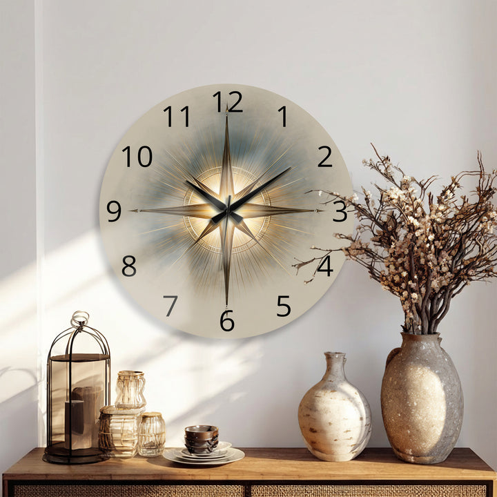 Gold Compass Rose Glass Wall Clock – Elegant Nautical Decor