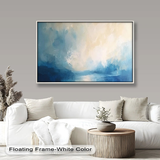 The layering effect showcases the tranquil haze oil painting wall art with layered brushstrokes creating depth within the soft sky and sea abstract composition.