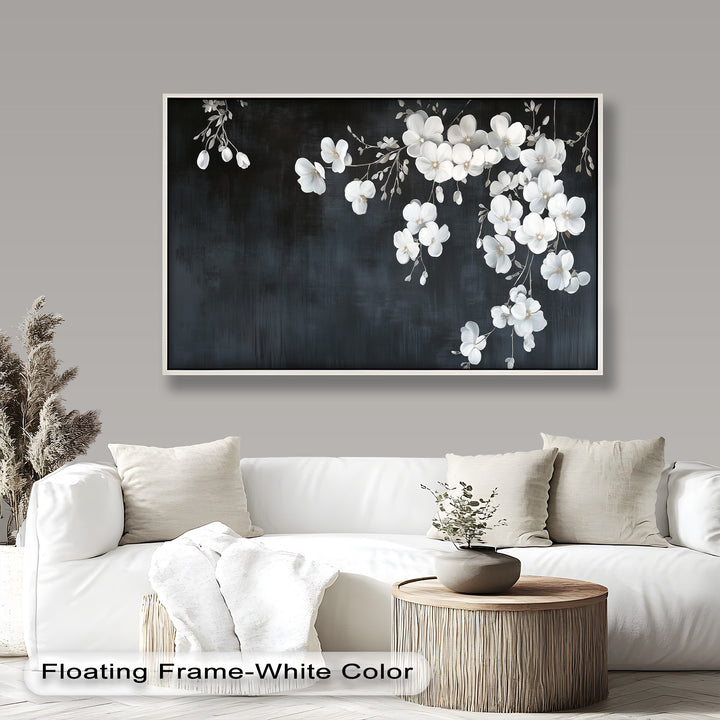 White Cherry Flowers on Midnight Blue - Flower Oil Painting