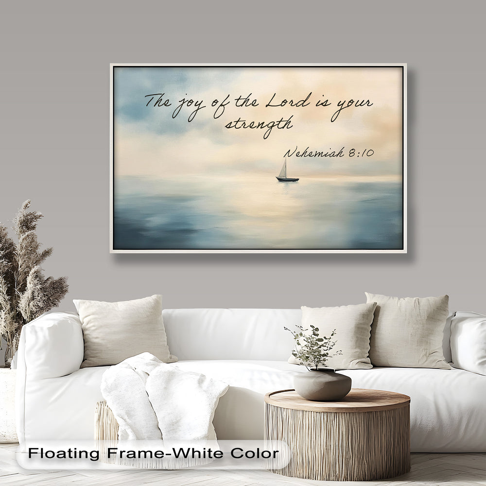 Minimalist ocean artwork featuring soft pastel tones and Nehemiah 8:10.
