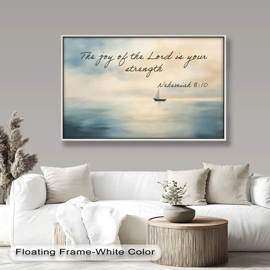 Horizontal rectangular Nehemiah 8:10 oil painting decoration features a serene seascape with a sailboat and an inspirational bible verse.